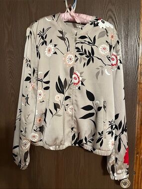 LOFT Pink and Black Floral Zip bomber Jacket